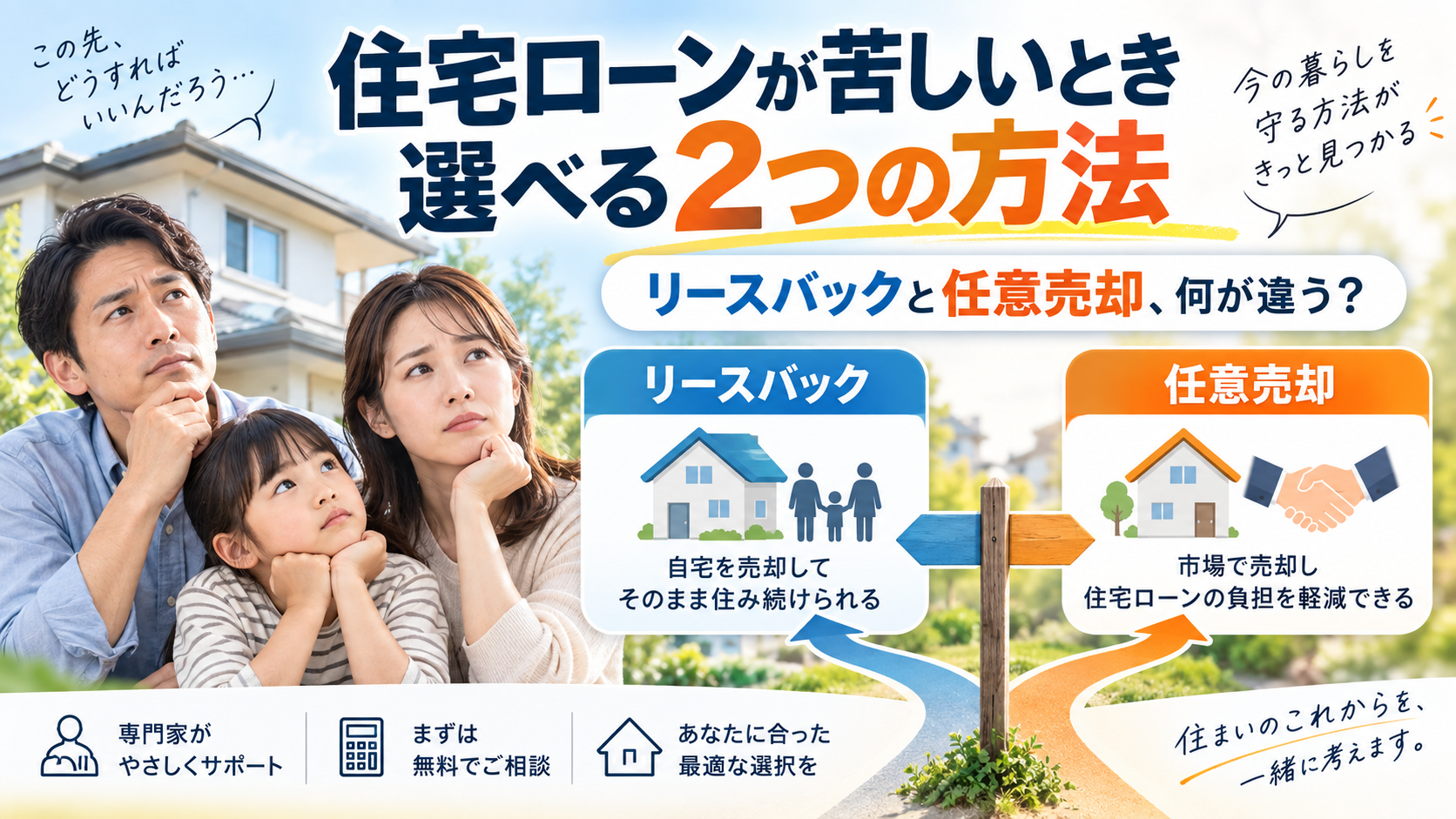 住宅ローンが苦しいとき選べる2つの方法。リースバックと任意売却、何が違う？